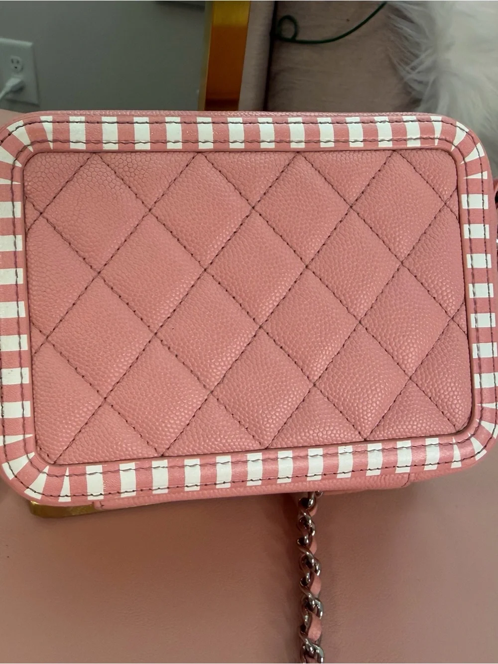 Chanel Pink Caviar Leather Striped La Pausa Camera Bag Case Crossbody Black Card